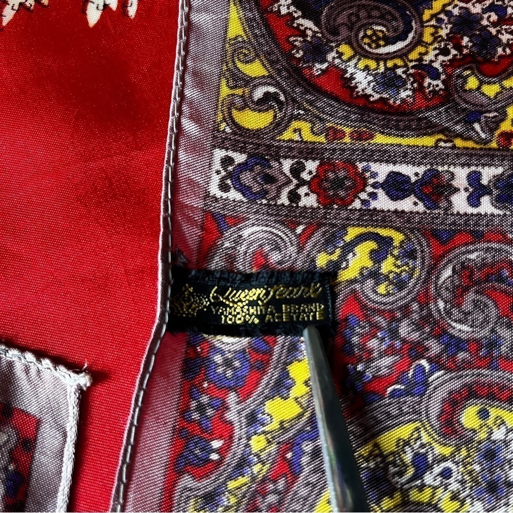 VTG 60s Queen Pearl by Yamashita Brand Acetate Silky Scarf Headscarf Paisley Red - Picture 12 of 14